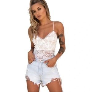 White Crisscross Back Soft Bone Floral Lace Crochet Bodysuit